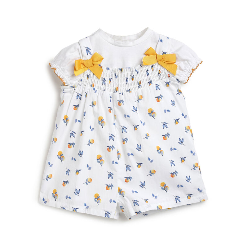 Girls White Printed Outfit with Short Dungaree image number 0